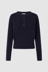 Front product shot of the Oroton Rib Knit Henley in North Sea and 100% supersoft merino wool fabric for Women .