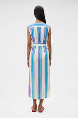 Profile view of model wearing the Oroton Shore Stripe Day Dress in Sea Blue and 100% heavy linen fabric for Women .
