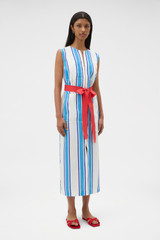 Profile view of model wearing the Oroton Shore Stripe Day Dress in Sea Blue and 100% heavy linen fabric for Women .