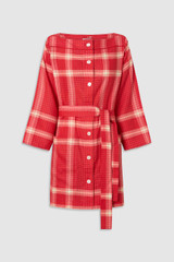Front product shot of the Oroton Vintage Check Tunic Dress in Ribbon Red and 100% midweight linen fabric for Women .