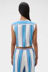 Profile view of model wearing the Oroton Shore Stripe Shell Top in Sea Blue and 100% heavy linen fabric for Women .