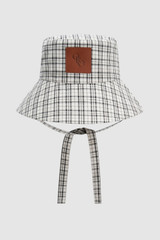 Detail product shot of the Oroton Nell Check Bucket Hat in Charcoal and 100% cotton fabric for Women .