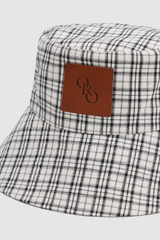 Detail product shot of the Oroton Nell Check Bucket Hat in Charcoal and 100% cotton fabric for Women .
