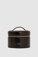 Front product shot of the Oroton Jemima Crackle Round Jewellery Case in Dark Chocolate and Premium crackle leather for Women .