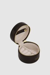 Internal product shot of the Oroton Jemima Crackle Mini Round Jewellery Case in Dark Chocolate and Premium crackle leather for Women .
