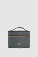 Front product shot of the Oroton Jemima Texture Round Jewellery Case in Soot and Premium embossed leather for Women .