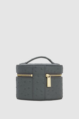 Back product shot of the Oroton Jemima Texture Round Jewellery Case in Soot and Premium embossed leather for Women .