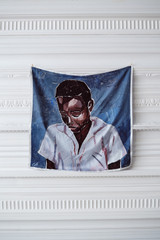 Detail product shot of the Oroton The Schoolboy Scarf in Smoke Blue and 100% silk twill fabric for Women .