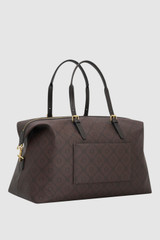 Back product shot of the Oroton Dylan Signature Buckle Weekender in Burnt Umber and Printed PVC-coated nylon canvas material for Women .