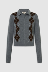 Front product shot of the Oroton Argyle Cardigan in Grey Marle and 55% extra fine merino wool and 45% cotton blend fabric for Women .