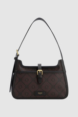 Front product shot of the Oroton Dylan Signature Buckle Baguette in Burnt Umber and Printed PVC-coated nylon canvas material for Women .
