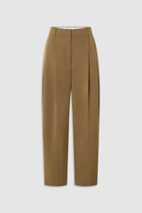 Front product shot of the Oroton Tapered Pleat Pant in Dark Rye and 97% wool and 3% spandex blend fabric for Women .