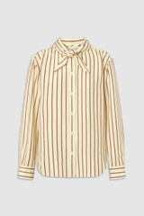 Front product shot of the Oroton Stripe Tie Neck Shirt in Lemon/Rich Red and 100% silk habotai fabric for Women .
