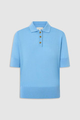 Front product shot of the Oroton Knit Polo Top in Porcelain Blue and 90% merino wool and 10% silk blend fabric for Women .
