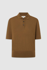 Front product shot of the Oroton Knit Polo Top in Dark Rye and 90% merino wool and 10% silk blend fabric for Women .