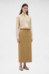 Profile view of model wearing the Oroton Maxi Trouser Skirt in Pecan and 98% cotton and 2% spandex blend fabric for Women .