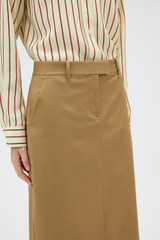 Profile view of model wearing the Oroton Maxi Trouser Skirt in Pecan and 98% cotton and 2% spandex blend fabric for Women .