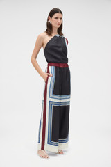 Profile view of model wearing the Oroton Silk Scarf Pyjama Pant in Black and 100% silk twill fabric for Women .
