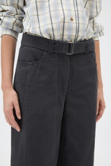 Profile view of model wearing the Oroton Washed Twill Barrel Leg Pant in Washed Black and 100% cotton fabric for Women .