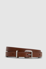 Front product shot of the Oroton Remi 12MM Box Leather Belt in Chestnut/Silver and Premium box calf leather for Women .