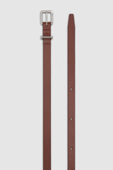 Front product shot of the Oroton Remi 12MM Box Leather Belt in Chestnut/Silver and Premium box calf leather for Women .