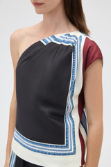 Profile view of model wearing the Oroton Silk Scarf One Shoulder Top in Black and 100% silk twill fabric for Women .