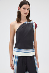 Profile view of model wearing the Oroton Silk Scarf One Shoulder Top in Black and 100% silk twill fabric for Women .