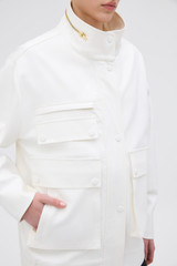 Profile view of model wearing the Oroton Utility Parka in White and 100% cotton fabric for Women .