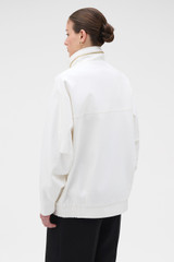 Profile view of model wearing the Oroton Utility Parka in White and 100% cotton fabric for Women .