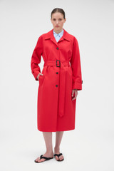 Profile view of model wearing the Oroton Essential Mac in Poppy and 100% cotton fabric for Women .