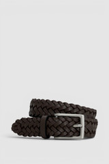 Front product shot of the Oroton Noah Smooth 30MM Woven Belt in Dark Chocolate and Premium smooth cow leather for Men .