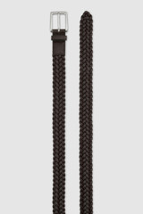 Front product shot of the Oroton Noah Smooth 30MM Woven Belt in Dark Chocolate and Premium smooth cow leather for Men .