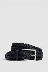 Front product shot of the Oroton Noah Smooth 30MM Woven Belt in Ink and Premium smooth cow leather for Men .