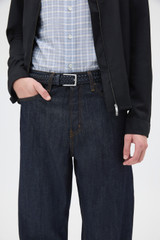 Profile view of model wearing the Oroton Noah Smooth 30MM Woven Belt in Ink and Premium smooth cow leather for Men .