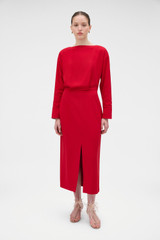 Profile view of model wearing the Oroton Two Tone Crepe Dress in Rich Red and 96% viscose and 4% spandex blend fabric for Women .
