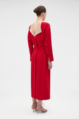 Profile view of model wearing the Oroton Two Tone Crepe Dress in Rich Red and 96% viscose and 4% spandex blend fabric for Women . IP:6