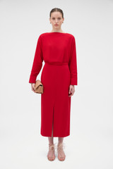 Profile view of model wearing the Oroton Two Tone Crepe Dress in Rich Red and 96% viscose and 4% spandex blend fabric for Women .