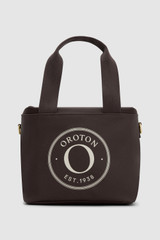 Front product shot of the Oroton Kaia Zip Top Lunch Bag in Coffee Bean and 12oz coated canvas material for Women .