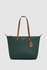 Front product shot of the Oroton Lilly Nylon Light Weight Tote Bag in Evergreen/Cognac and Nylon material for Women .
