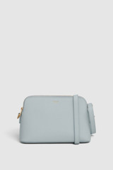 Front product shot of the Oroton Iris Double Zip Crossbody in Mist and Premium pebble leather for Women .