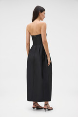 Profile view of model wearing the Oroton Bodice Detail Gown in Black and 85% polyester and 15% silk blend fabric for Women .