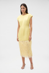 Profile view of model wearing the Oroton Feather Jacquard Sheath Dress in Butter and 100% polyester fabric for Women .