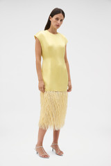 Profile view of model wearing the Oroton Feather Jacquard Sheath Dress in Butter and 100% polyester fabric for Women .