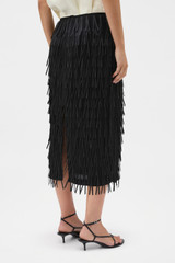 Profile view of model wearing the Oroton Ribbon Detail Skirt in Black and 100% polyester double georgette fabric for Women .