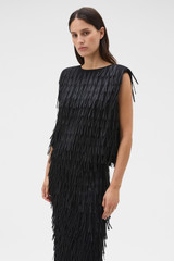 Profile view of model wearing the Oroton Ribbon Detail Top in Black and 100% polyester double georgette fabric for Women .