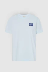 Front product shot of the Oroton Maggie Graphic Tee in Pale Blue and 100% cotton single jersey fabric for Women .