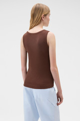 Profile view of model wearing the Oroton Scoop Neck Tank in Chocolate and 92% cotton and 8% spandex blend fabric for Women .