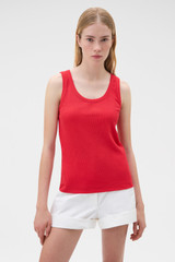 Profile view of model wearing the Oroton Scoop Neck Tank in Robbin Red and 92% cotton and 8% spandex blend fabric for Women .