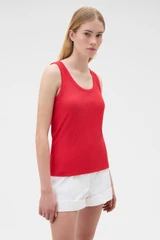 Profile view of model wearing the Oroton Scoop Neck Tank in Robbin Red and 92% cotton and 8% spandex blend fabric for Women .