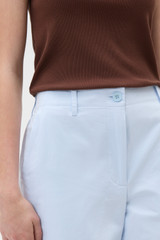 Profile view of model wearing the Oroton Arlo Carpenter Chino in Pale Blue and 100% cotton fabric for Women .